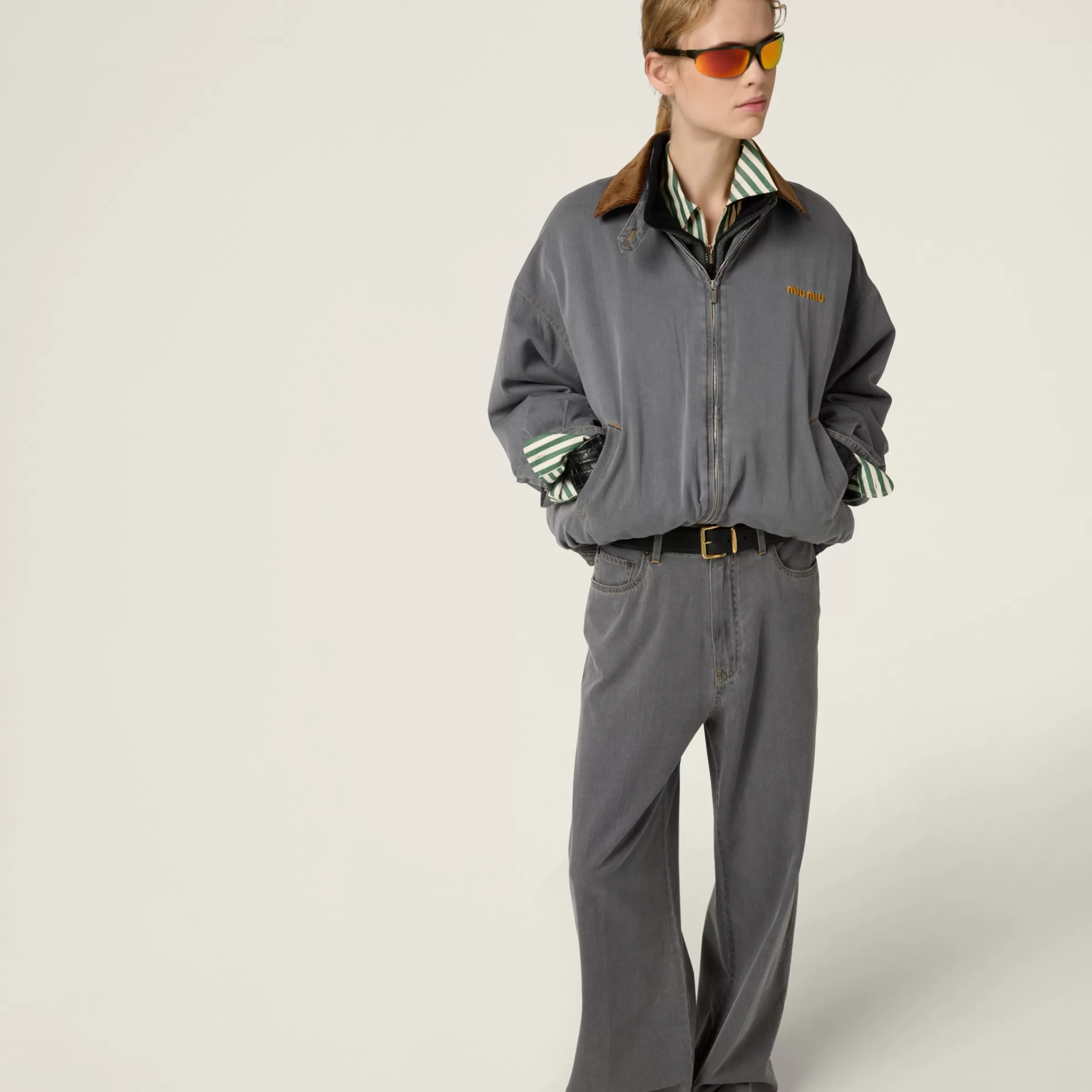 Miu Miu Blouson in chambray con collo in velluto Grigio Flash Sale