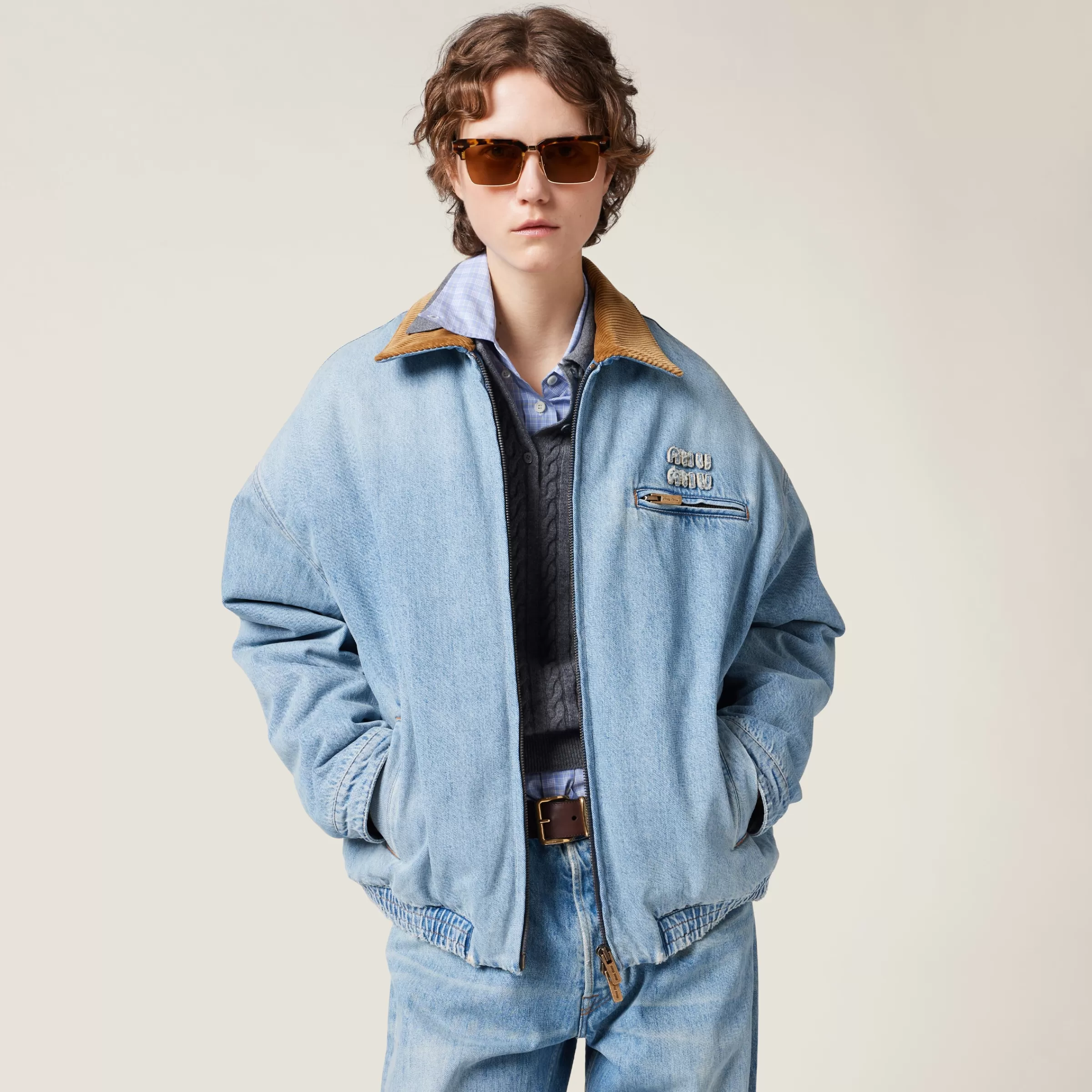 Miu Miu Blouson in denim con collo in velluto AzzurroZaffiro Outlet