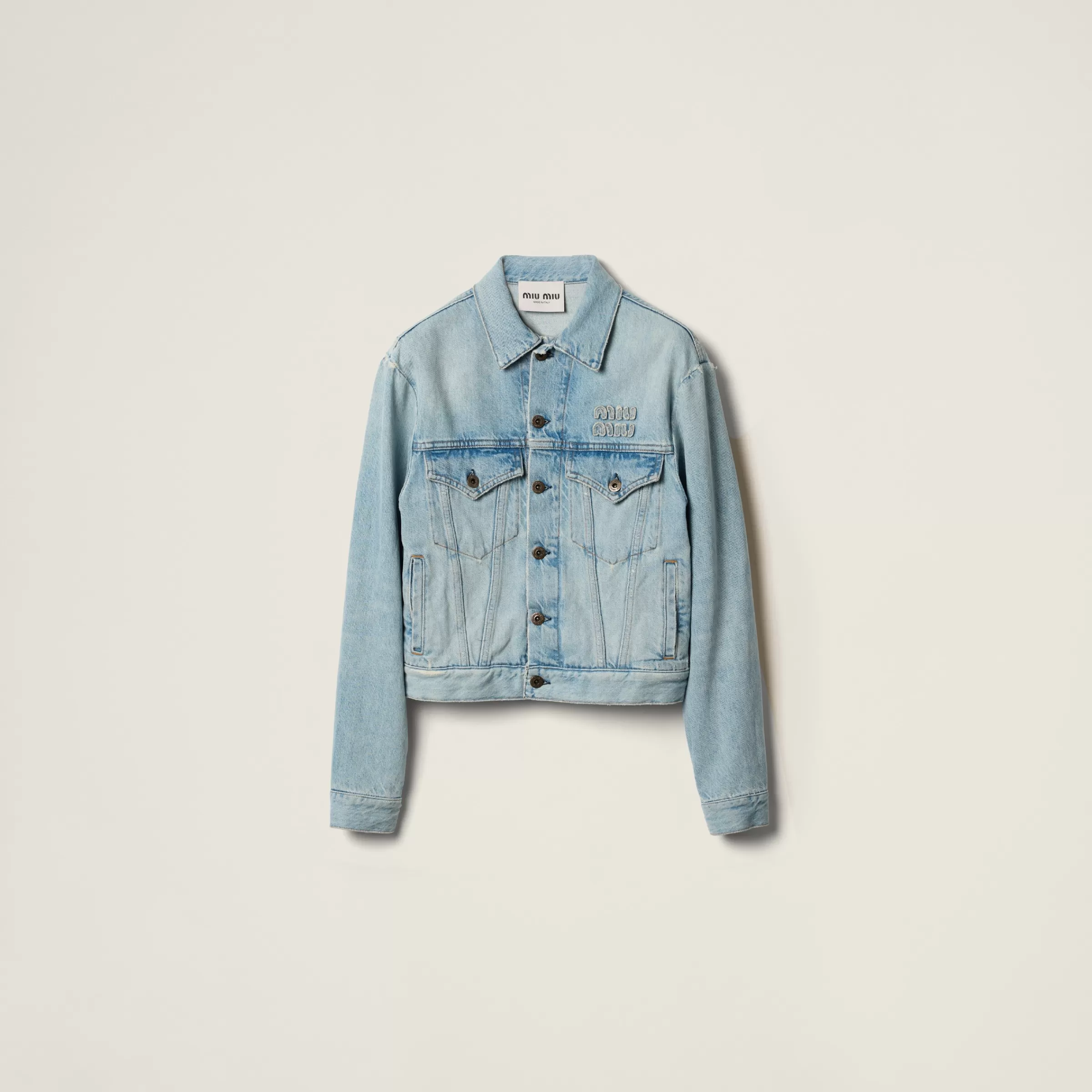 Miu Miu Blouson in denim con logo ricamato AzzurroZaffiro Discount