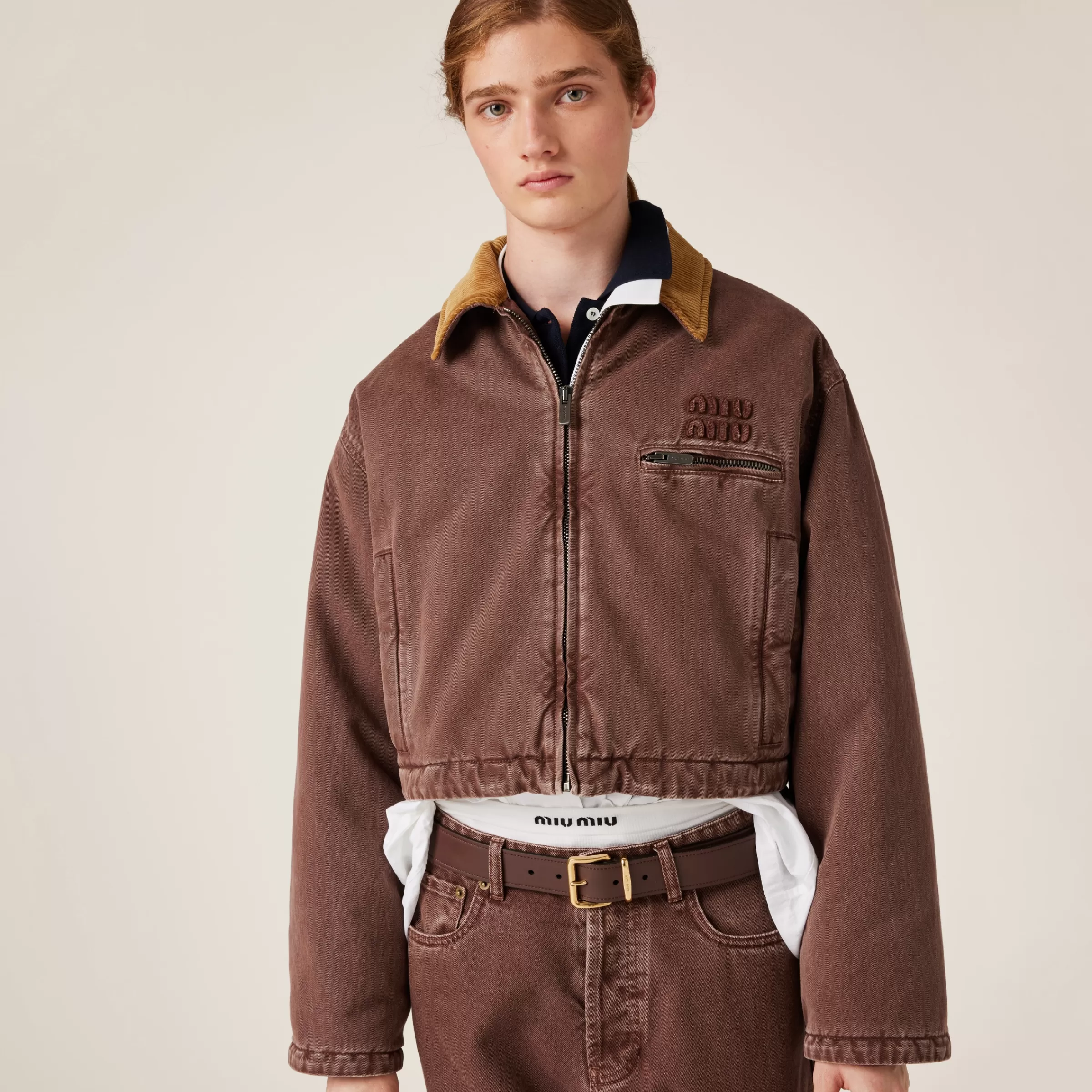 Miu Miu Blouson in gabardine con collo in velluto Tabacco Clearance