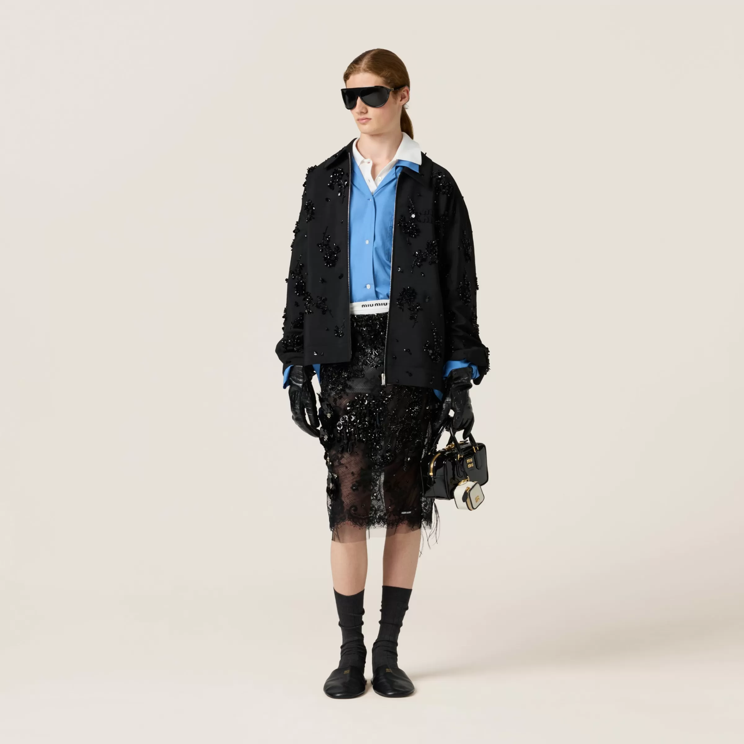 Miu Miu Blouson in kid mohair con ricami Nero Store