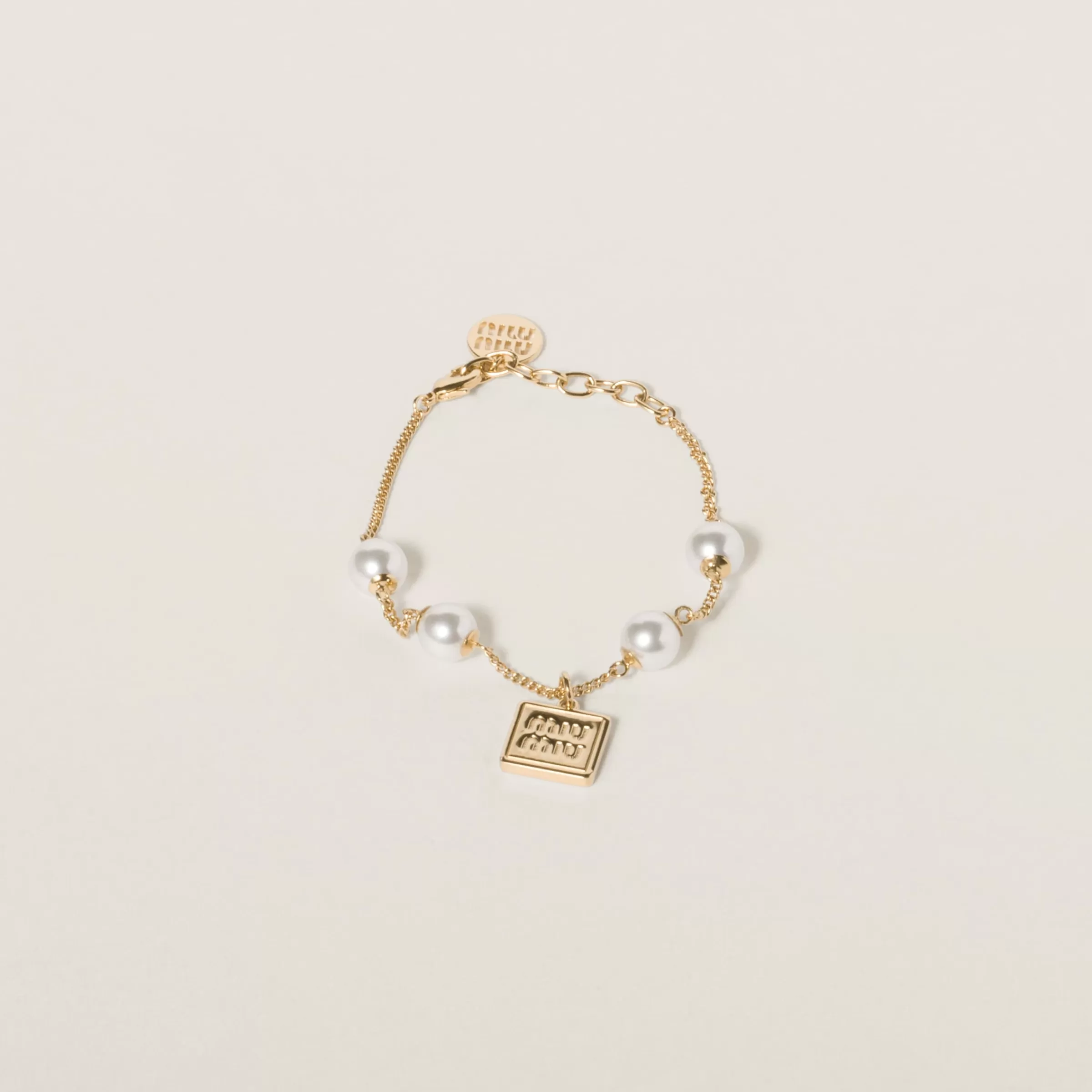 Miu Miu Bracciale in metallo e perle sintetiche Oro/Crema New