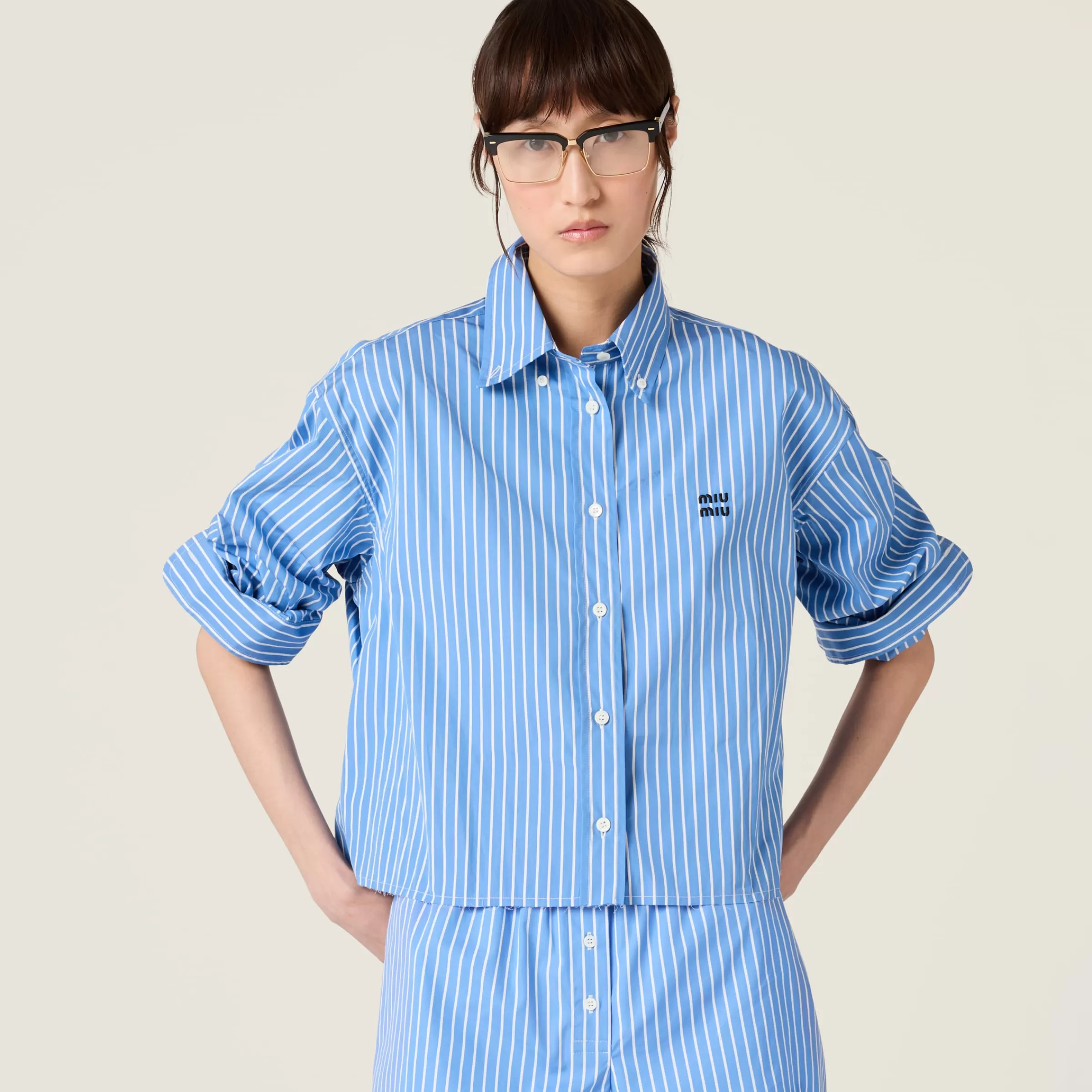 Miu Miu Camicia in cotone a righe AzzurroZaffiro Store