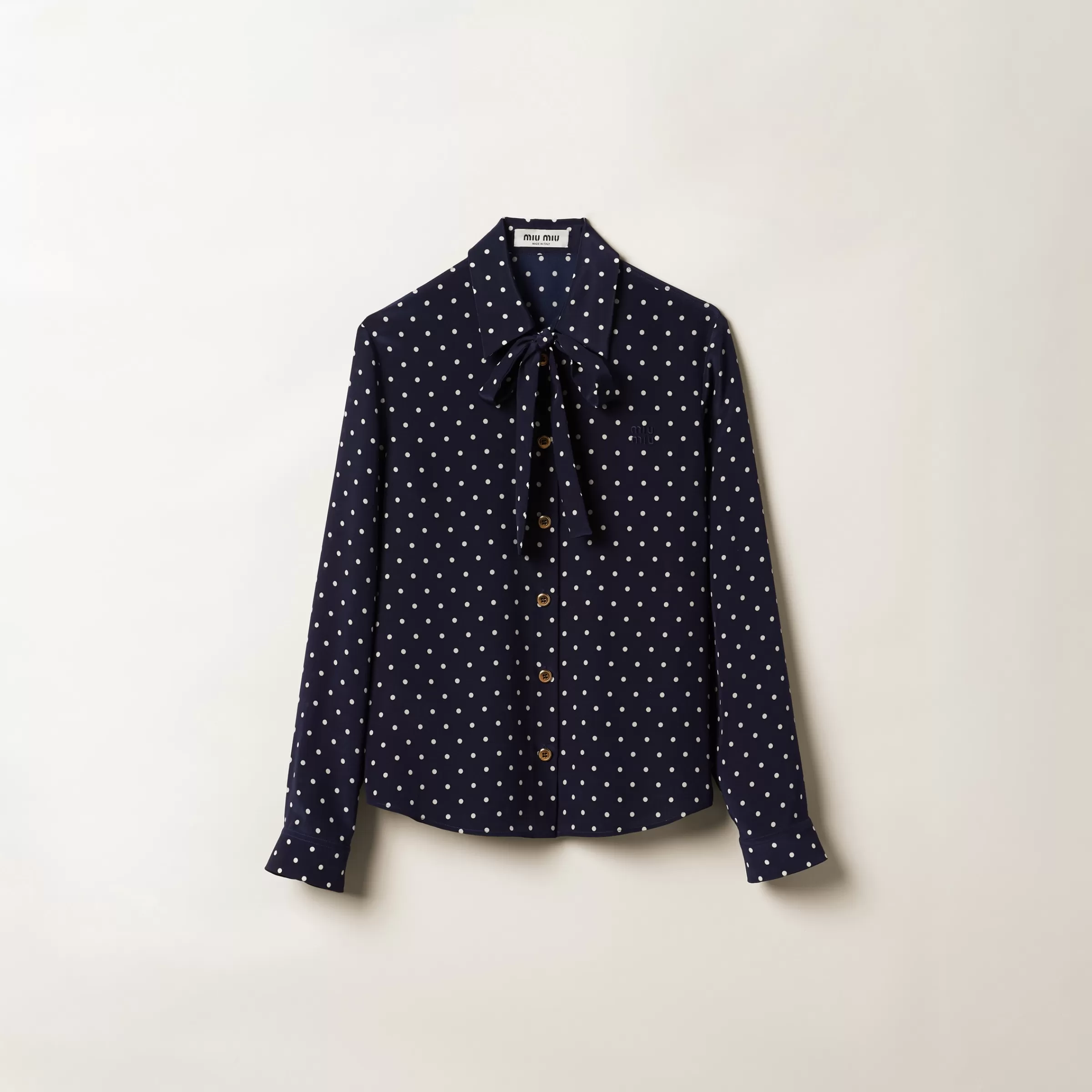 Miu Miu Camicia in crêpe de Chine a pois Blu/Avorio Discount