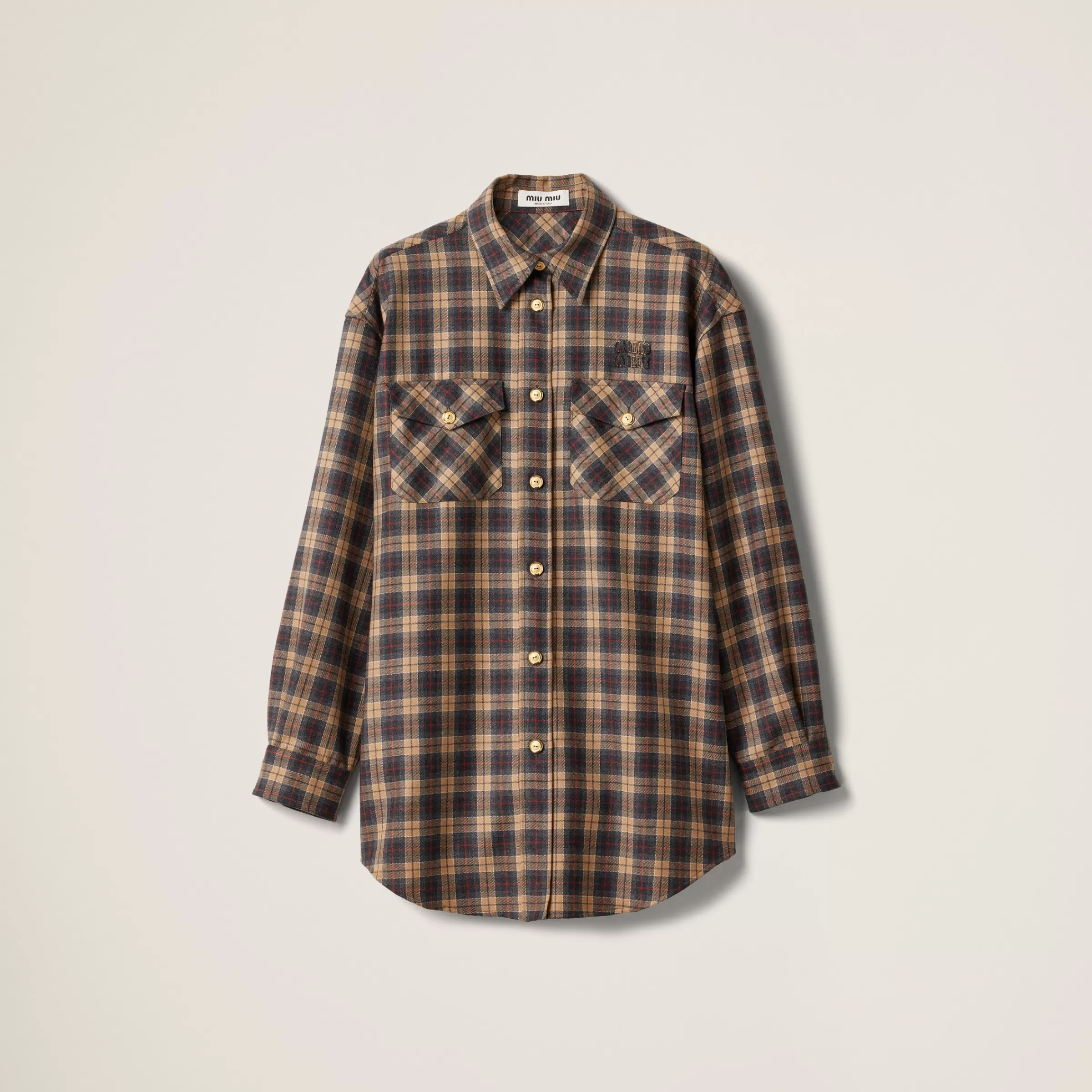 Miu Miu Camicia tartan in lana Cammello Cheap