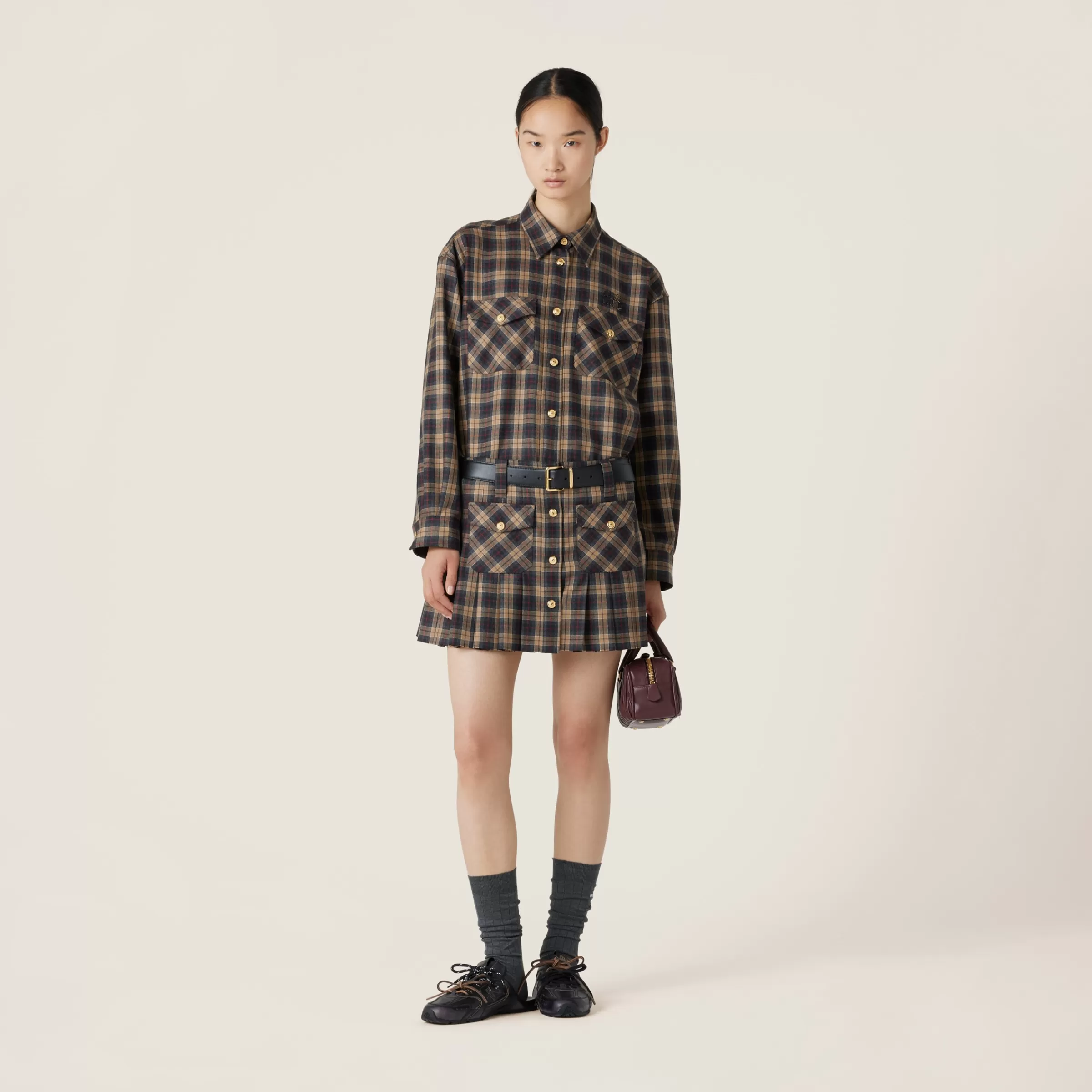 Miu Miu Camicia tartan in lana Cammello Cheap