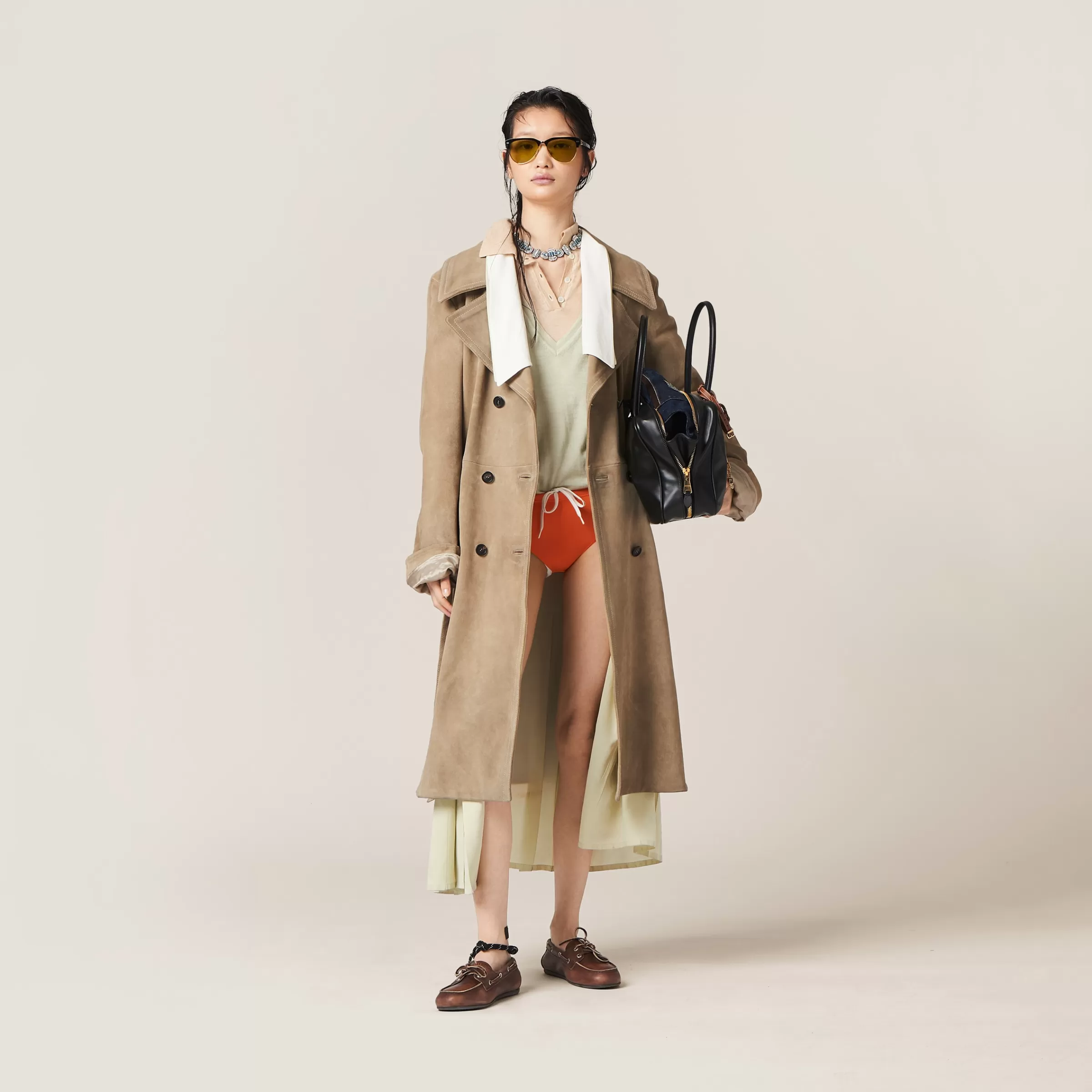 Miu Miu Cappotto doppiopetto in pelle scamosciata Ghiaccio New