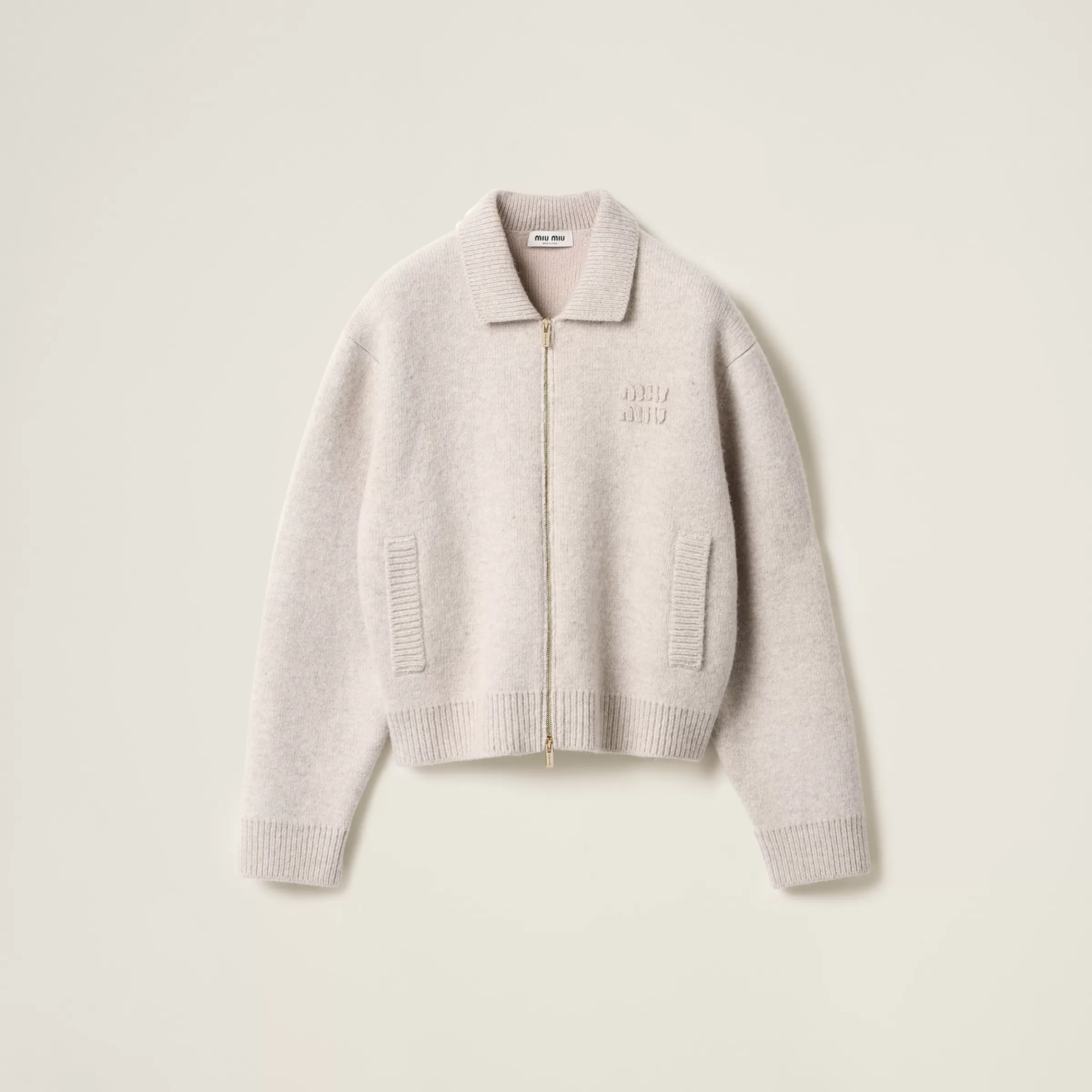 Miu Miu Cardigan con zip in shetland e cashmere Sabbia Sale