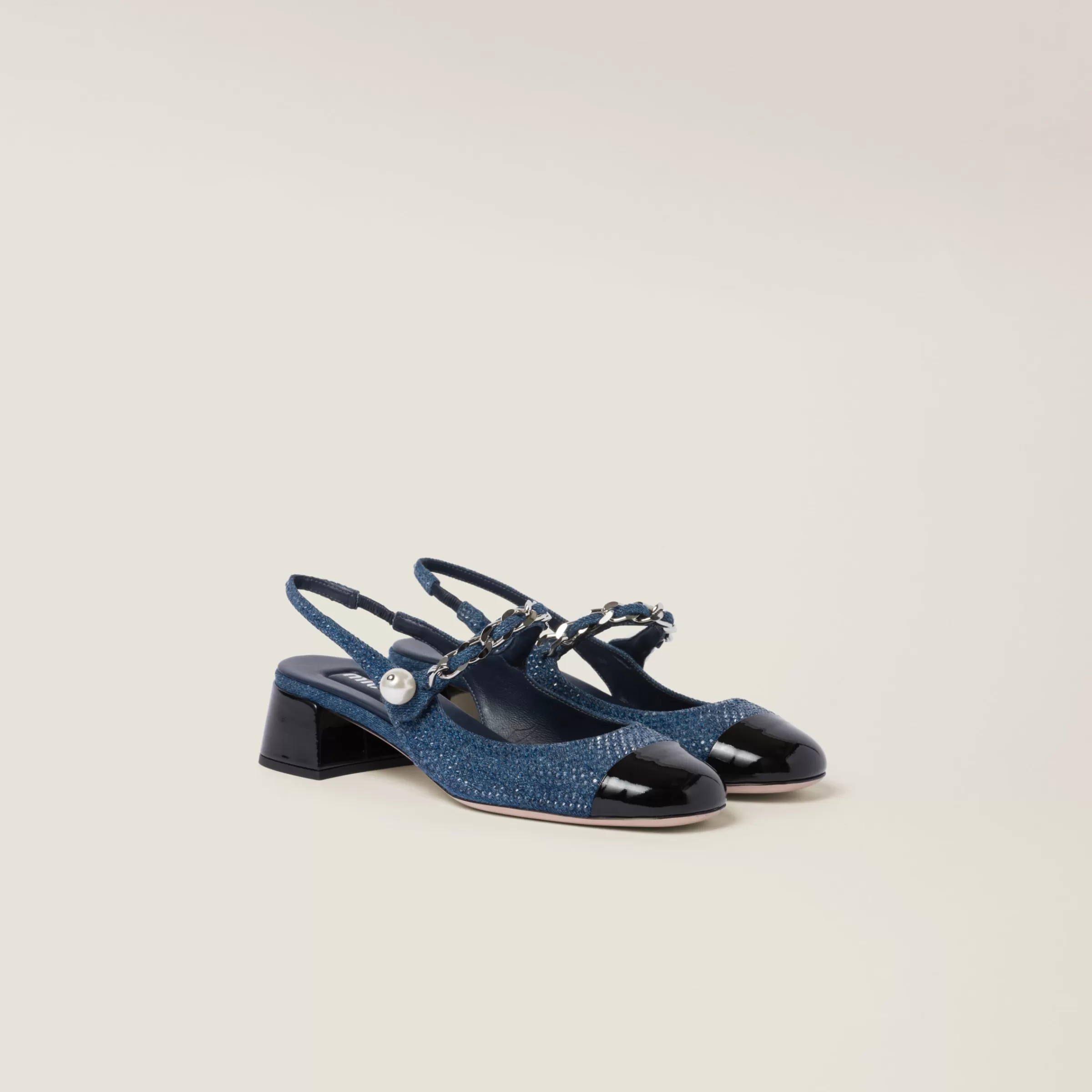 Miu Miu Décolleté slingback in denim e vernice con cristalli artificiali Denim/Nero Fashion