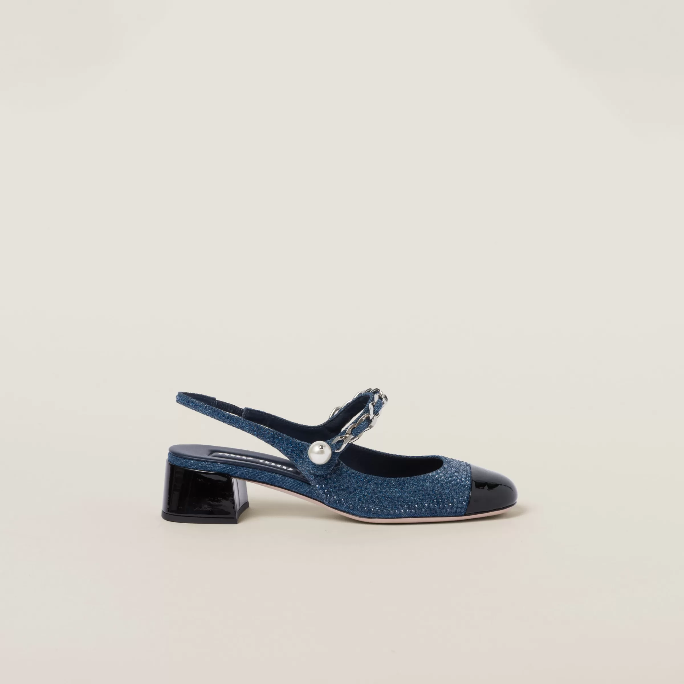 Miu Miu Décolleté slingback in denim e vernice con cristalli artificiali Denim/Nero Fashion