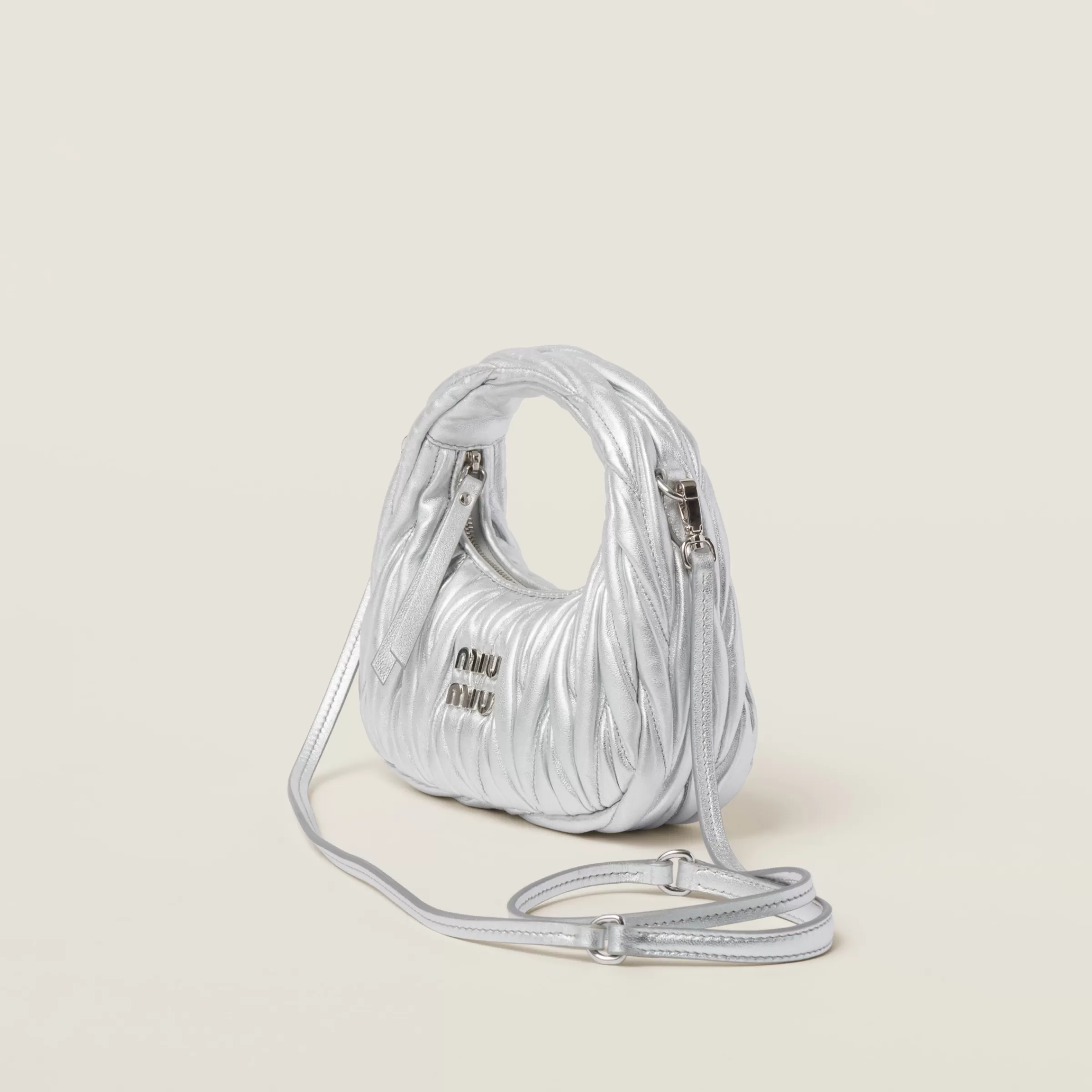 Miu Miu Mini borsa hobo Wander in nappa matelassé Argento New