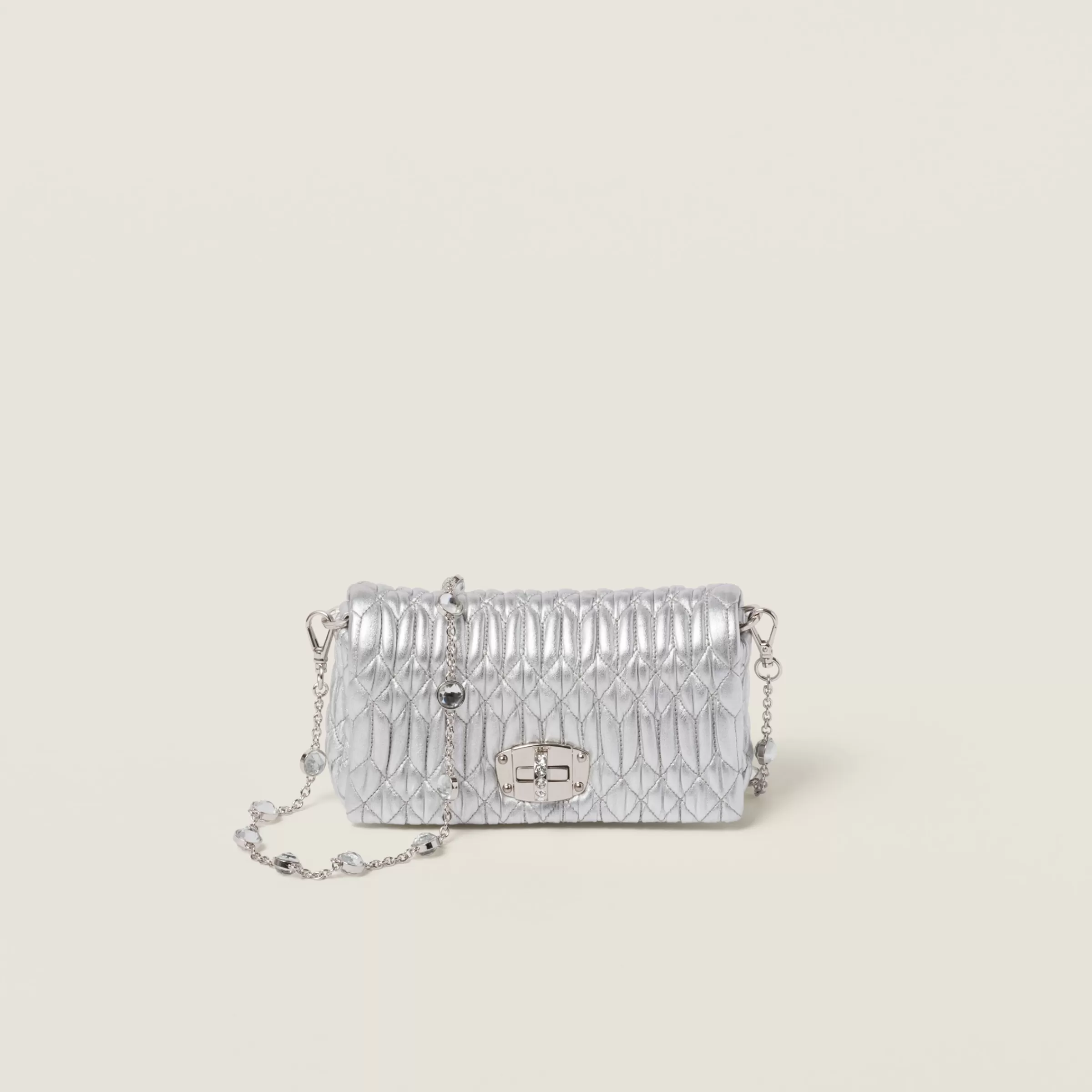 Miu Miu Mini borsa Miu Crystal in nappa crystal Argento New