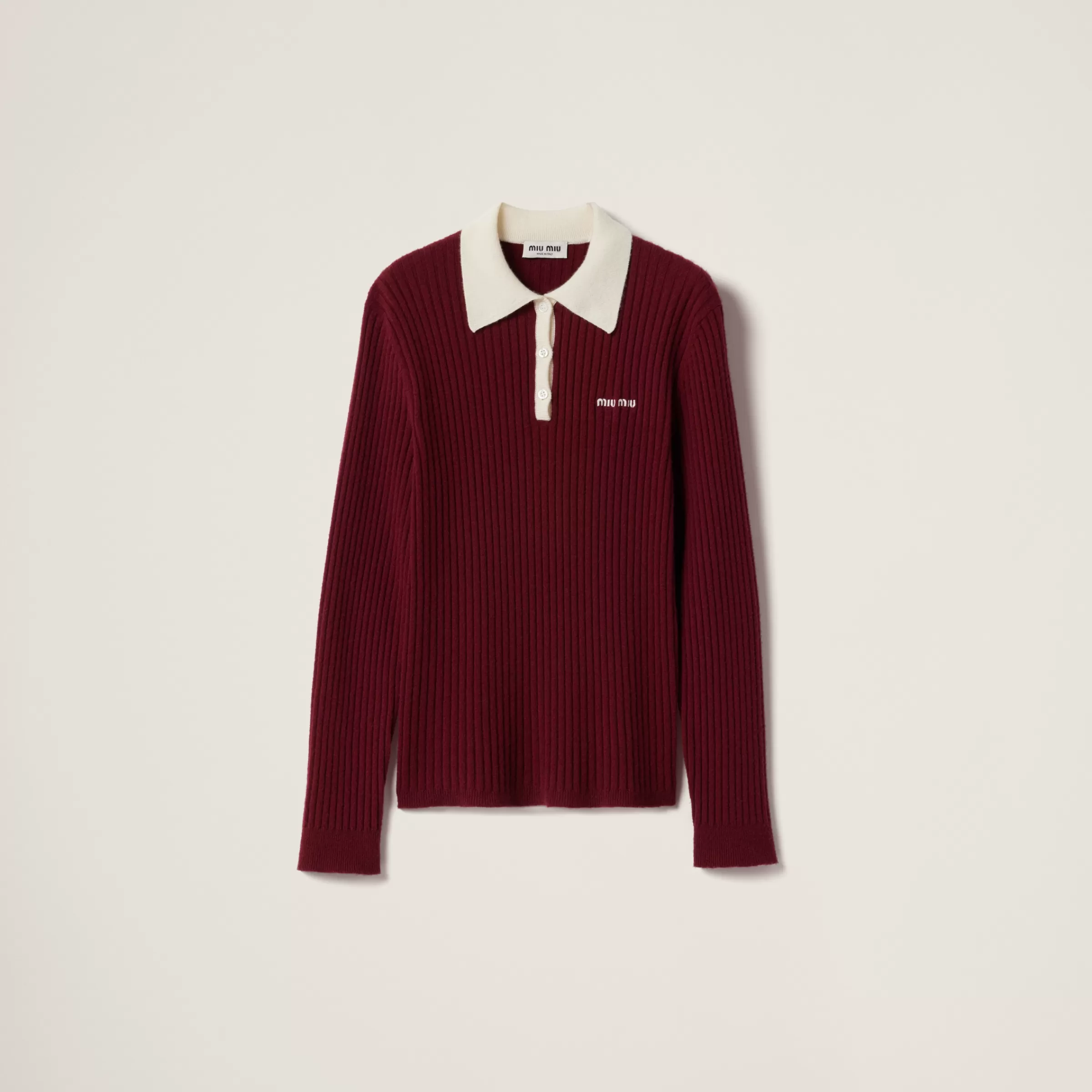 Miu Miu Polo in cashmere a coste Amaranto/Naturale Outlet