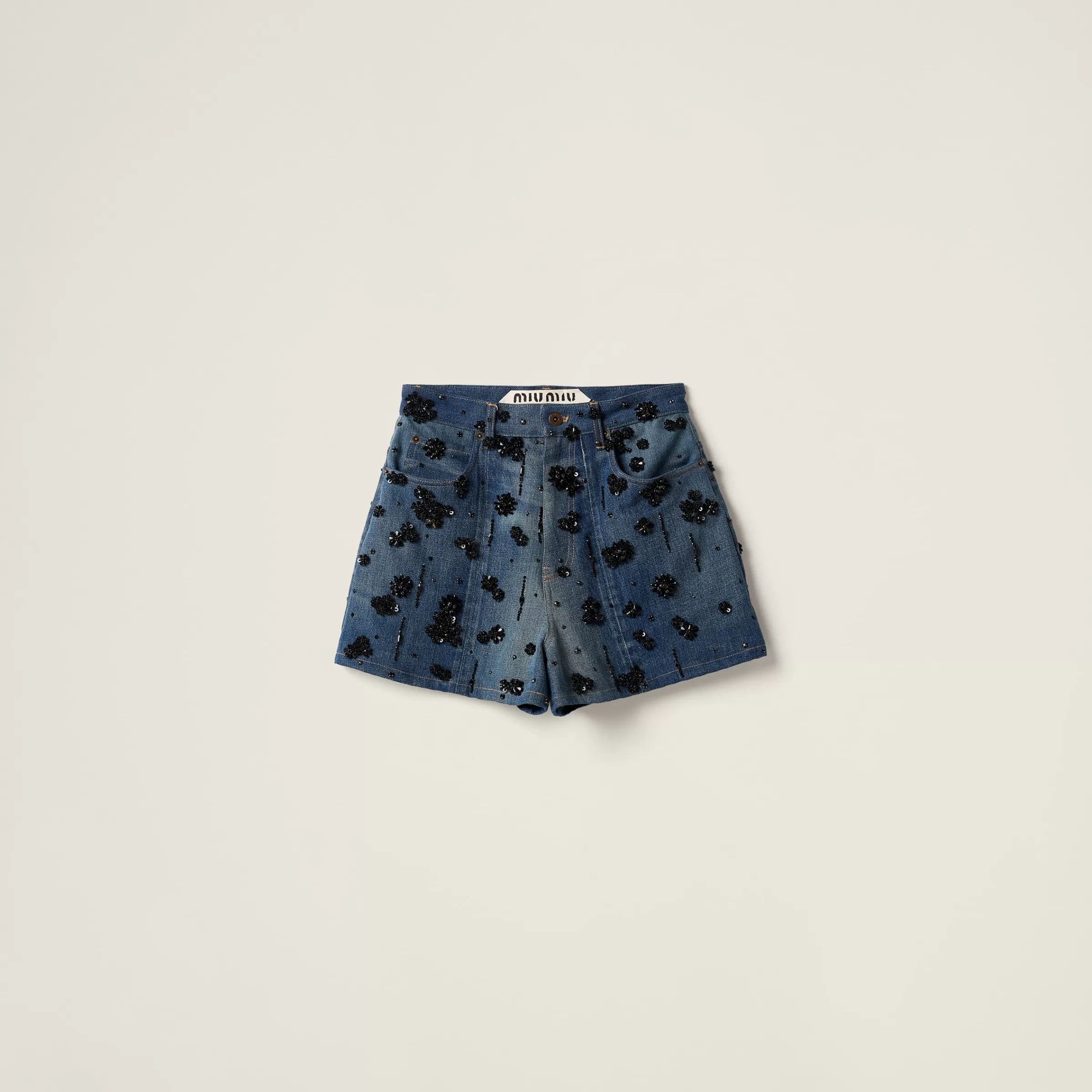 Miu Miu Shorts in denim con decorazione Blu Cheap