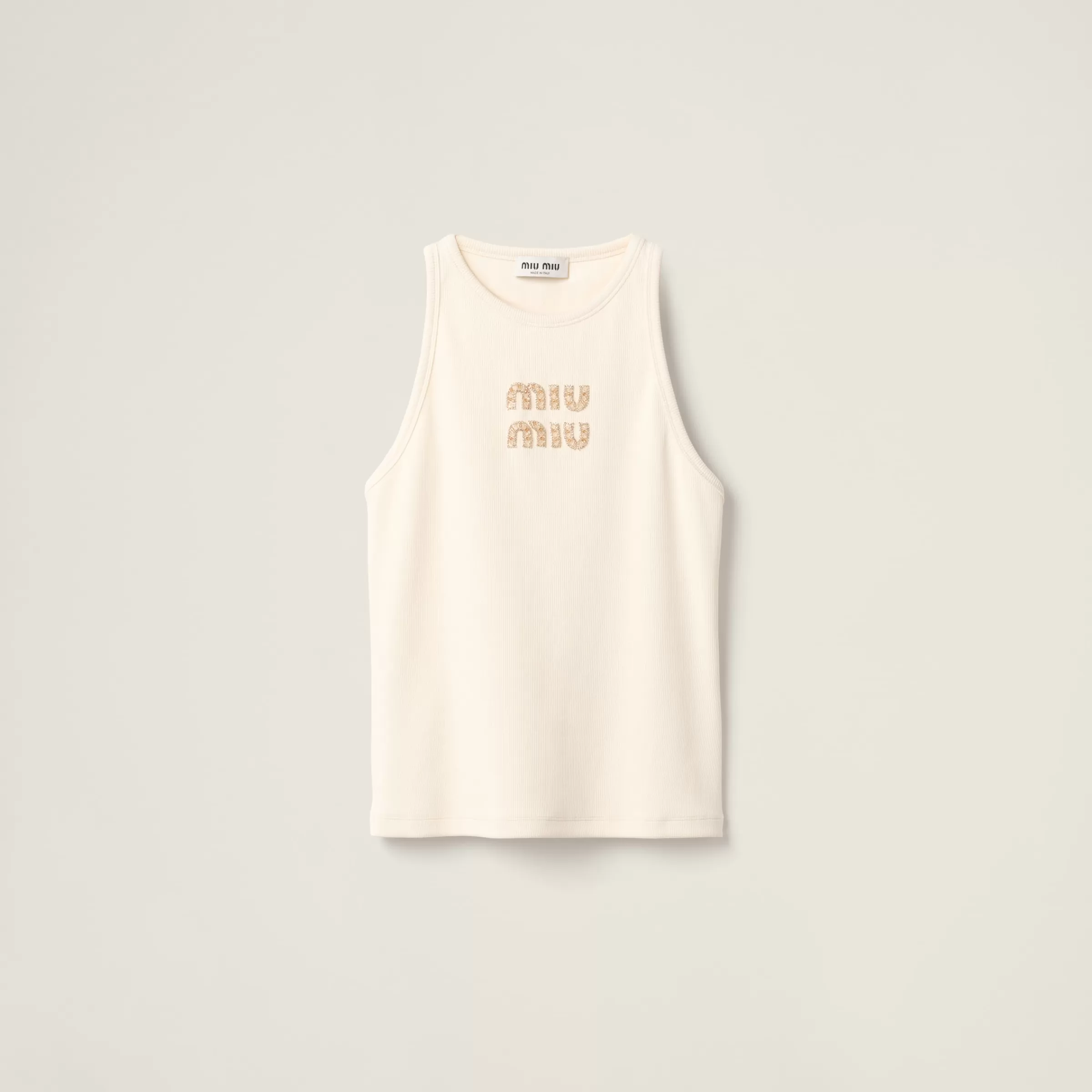 Miu Miu Top in jersey costina con logo ricamato Naturale Fashion